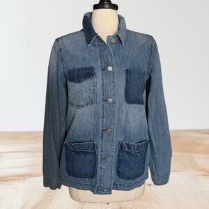 Old Navy Patchwork Denim Utility Jacket Sz M Tall Pockets Coastal Festival Fun